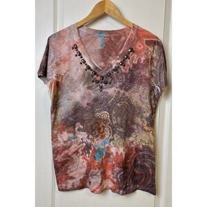 Cato Women's Brown Burgundy Boho Short Sleeve Beaded Neck Blouse Size Large